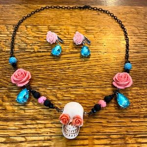 Misfortune Galore Pink Blue Black Rockabilly Skull Rose Earrings Necklace Set